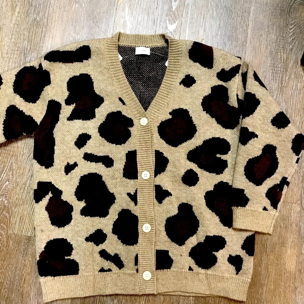 Girls Relaxed Fit Brown Black Leopard Button Front Cardigan Sweater